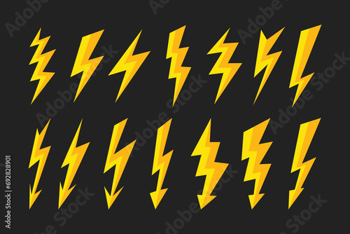 Lightning Bolt Set Collection on black background, electric strikes, flash of Thunderbolt Icon, lightning stop, danger, warning energy speed power bolt. vector illustration