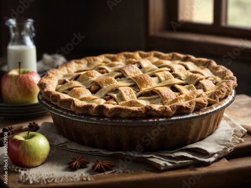 homemade apple pie with a flaky crust, showcasing the golden brown color and the steam rising from the pie