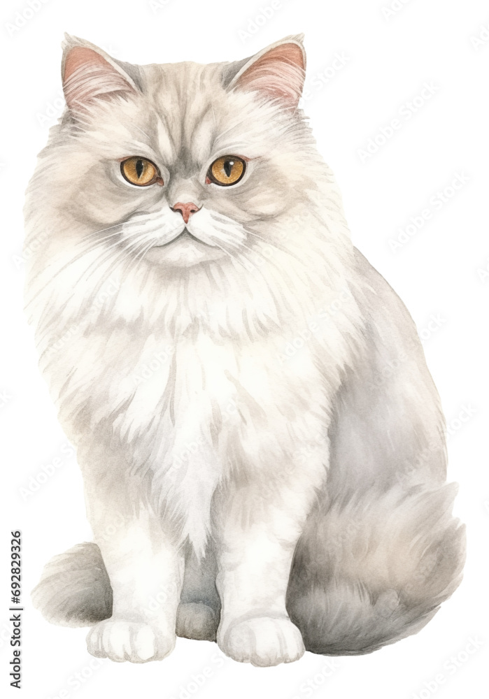 Watercolor white Persian cat isolated.