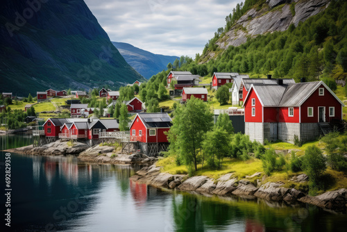 Red traditional Norwegian houses in Norwegian nature