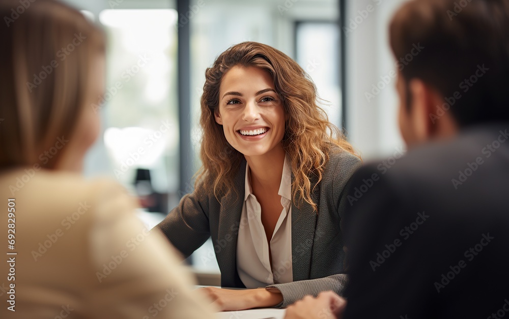 Young happy businesswoman talking to her colleagues during a meeting in the office. Young happy businesswoman talking to her colleagues during a meeting in the office.