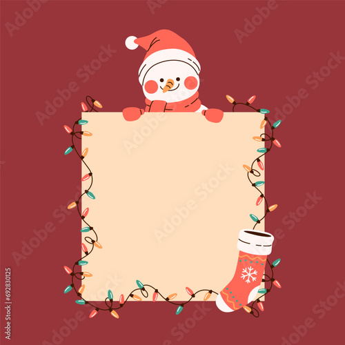 Christmas Snowman Hiding Behind the Blank with Christmas Sock and String Christmas Lights. Vector Illustration.