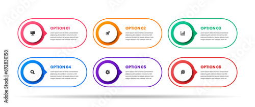 Vector Business Infographic Template with Circle Label, Thin Line, Icon and 6 Options. Suitable for Process Diagram, Presentations, Workflow Layout, Banner, Flow Chart, Infographic