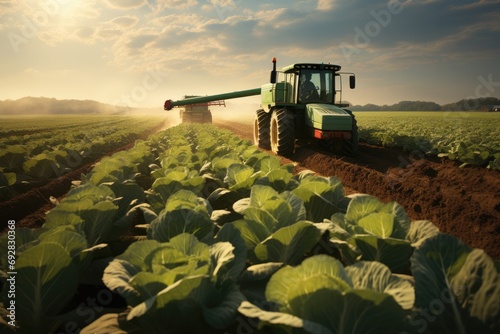 A cabbage field with a harvesting machine. Generative AI.