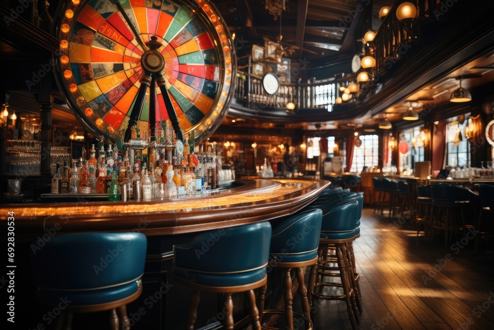 Spinning game wheel on bar behind bar. Generative AI. Spinning game wheel on bar behind bar. Generative AI.