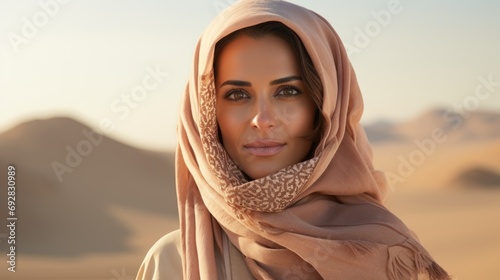 A young Arab woman  adorned in traditional attire  poses in the desert  a portrait of nomadic elegance and cultural pride.