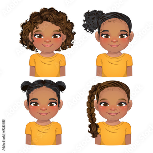 Set of hairstyle for black girls, girls faces, avatars, kid heads different color hair vector