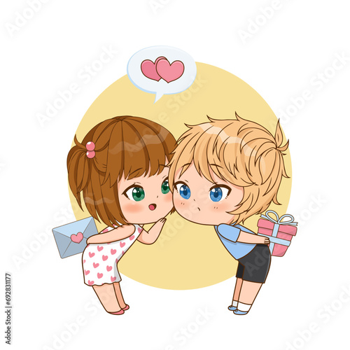 Valentine day with cute couple cartoon in love, a little girl whispering in sweetheart ear with cute boy. Romantic relationships vector illustration