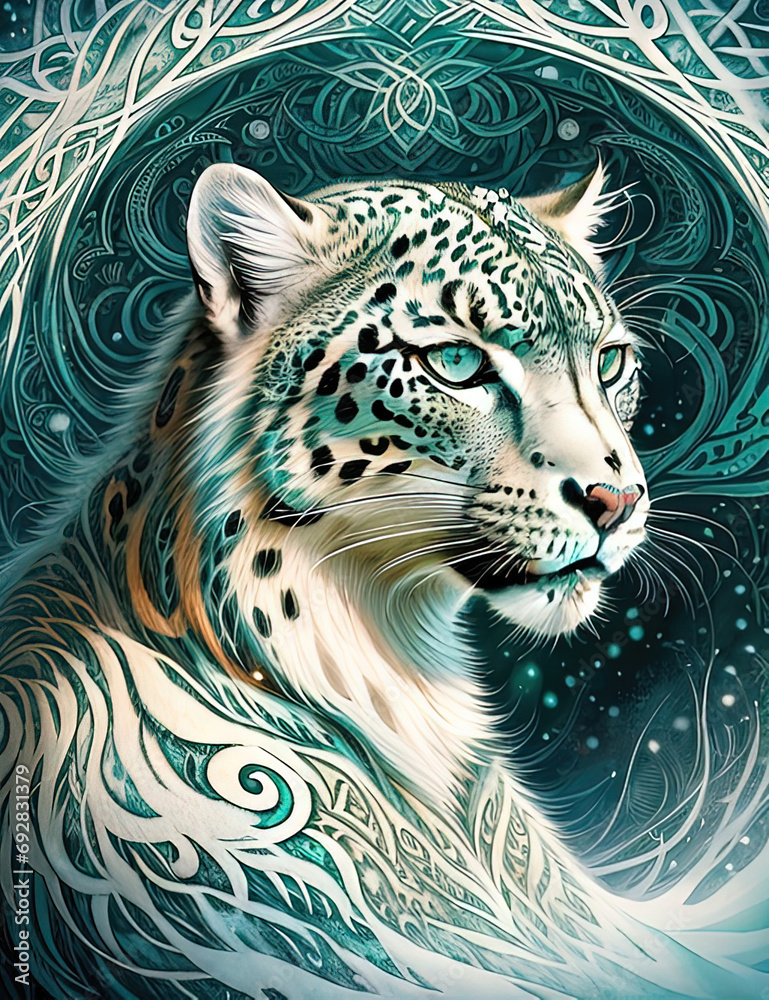 painting of a leopard with a blue background and a swirly pattern painting of a leopard with a blue background and a swirly pattern