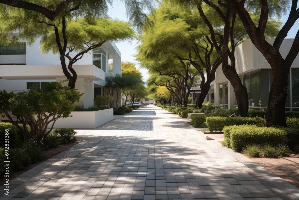Villa street with sidewalk, Contemporary with shade trees. Generative AI. Villa street with sidewalk, Contemporary with shade trees. Generative AI.