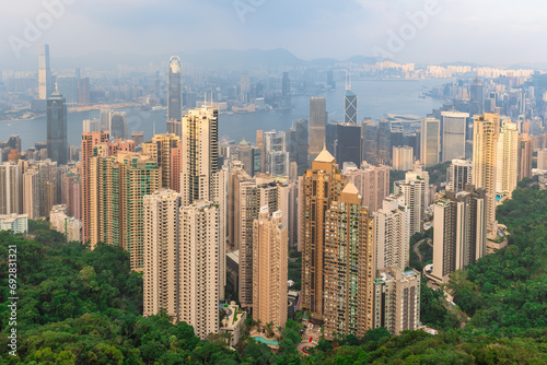 view of victoria harbour and hong kong island over victoria peak in hongkong, china