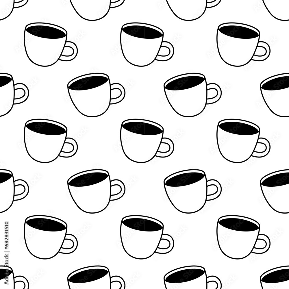Coffee cup seamless pattern. Black doodle style. Vector drink background.