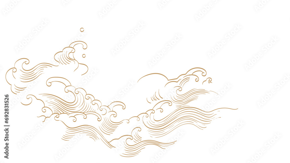 Japanese background with hand drawn line wave element vector. Oriental natural pattern with ocean sea decoration banner design in vintage style. Marine template Japanese background with hand drawn line wave element vector. Oriental natural pattern with ocean sea decoration banner design in vintage style. Marine template