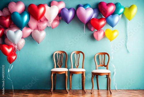 Heart-shaped balloons tied to a chair against a vibrant wall, Heart-shaped balloons, Chair decoration, Vibrant wall backdrop, Balloon arrangement, Romantic setting, Celebration decor, Wall colors,