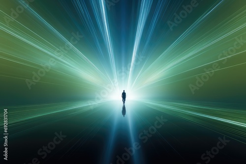 A person walking across a blurry light tunnel of a bright beam. Generative AI. photo