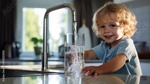 small blonde kid with glass of water. water is pouring from tap