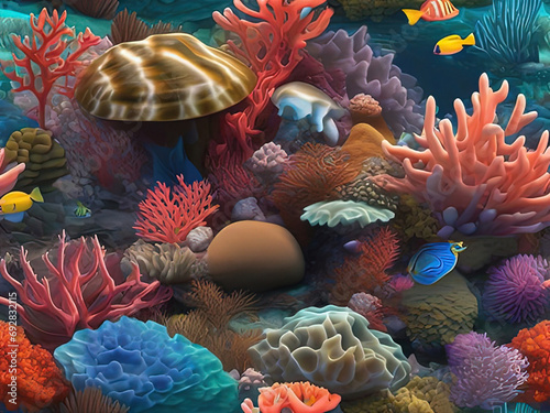 a many different types of corals and fish in this picture