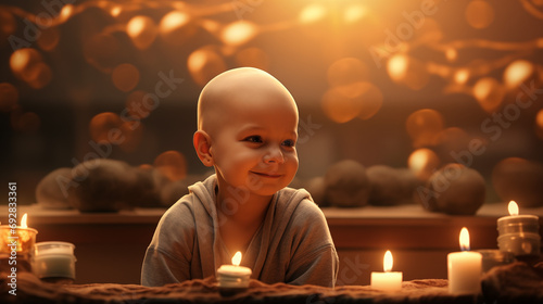 child has cancer There is hope in eyes, surrounded by candles. photo