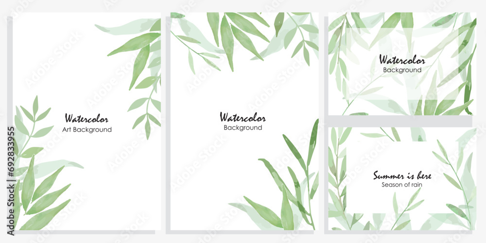 Watercolor leaves vector frames. Hand painted branches, leaves on white background. Greenery wedding simple invitations. Watercolor stylish botanic cards. All elements are isolated and editable