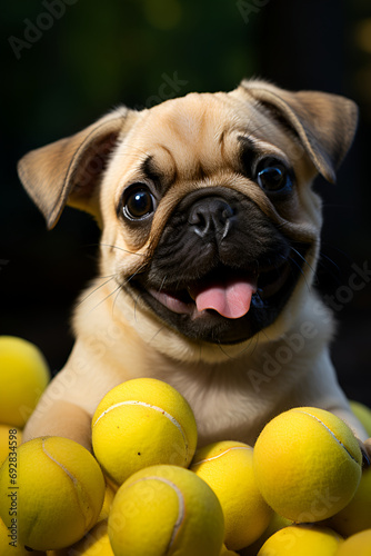 Pug puppy with yellow balls generated AI © Tatiana