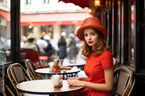 terrace cafe oudoors sitting croissant coffee breakfast french having beret red woman stylish Young cafes paris france girl fashion beautiful hot drink street female eatery parisian city table