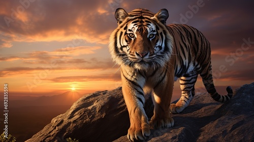 An adult Bengal tiger. large siberian tiger licking. A solitary adult Bengal tiger with a beautiful sunset sky in the background. © Naknakhone