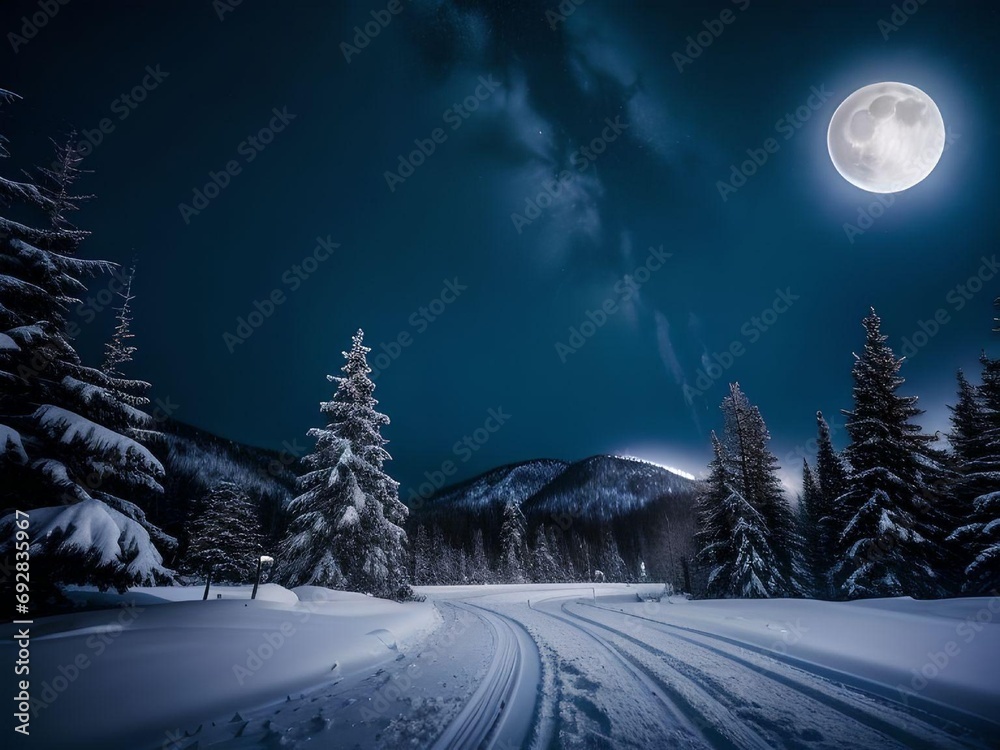 Ultra Realistic Snowy Area with Pine Trees and Full Moon in The Sky Ultra Realistic Snowy Area with Pine Trees and Full Moon in The Sky