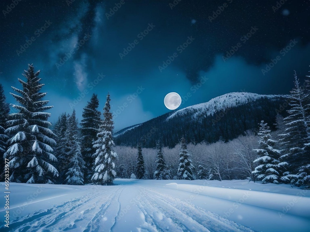 Super Realistic Midnight Snowy Landscape with Pine Trees and Mountains with Full Moon in The Sky