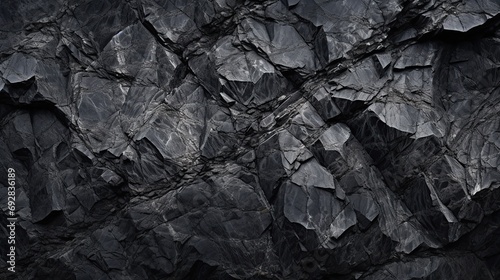 Black white rock texture. Dark gray stone granite background for design. Rough cracked mountain surface. Cracked layered mountain surface. Copy space for text. photo