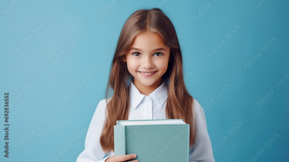 Close up smiling schoolgirl girl holding book going to school, one color background, copy space, generative ai Close up smiling schoolgirl girl holding book going to school, one color background, copy space, generative ai