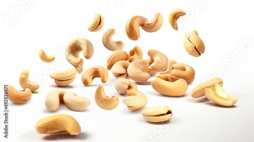 Falling cashew nuts isolated on transparent or white background. Roasted cashew nuts fall on a pile on a black and white background.