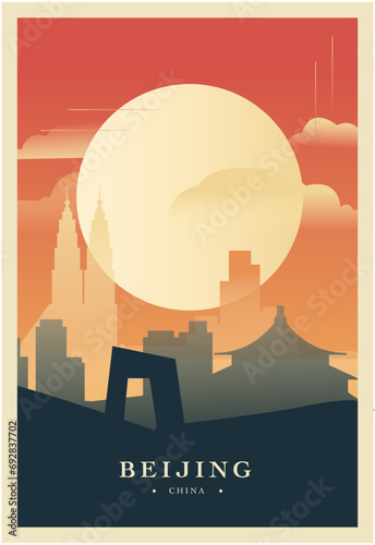 China Beijing city brutalism poster with abstract skyline, cityscape retro vector illustration. Capital metropolitan travel guide cover, brochure, flyer, leaflet, business presentation template image