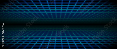 Glowing neon wireframe room background. Blue grid room floor and ceiling in perspective. Bright retro futuristic wallpaper. Abstract checkered plane landscape. Game horizon surface. Vector backdrop photo