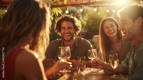 Happy friends having fun outdoor. Group of friends having backyard dinner party together. Young people sitting at bar table toasting wine glasses in garden. Image of friendship.