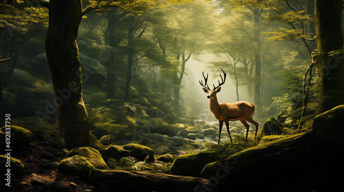 Majestic deer in vast forest looking at the camera. Generative AI.
