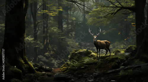 Majestic deer in vast forest looking at the camera. Generative AI.