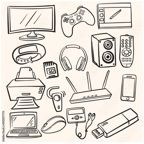 a collection of images of electronic computer gadgets in doodle line art style and a cream color background