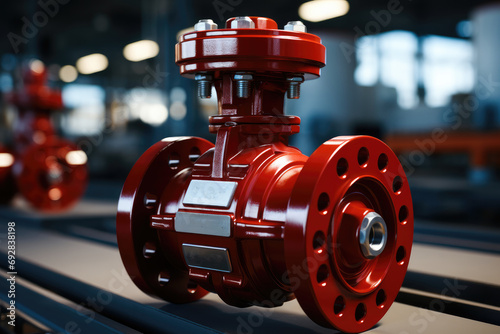 Large red valve on a shut-off industrial pipeline fitting. Generative AI.. Generative AI. photo