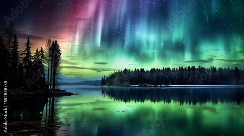 A beautiful aurora bore over a lake with a forest in night 