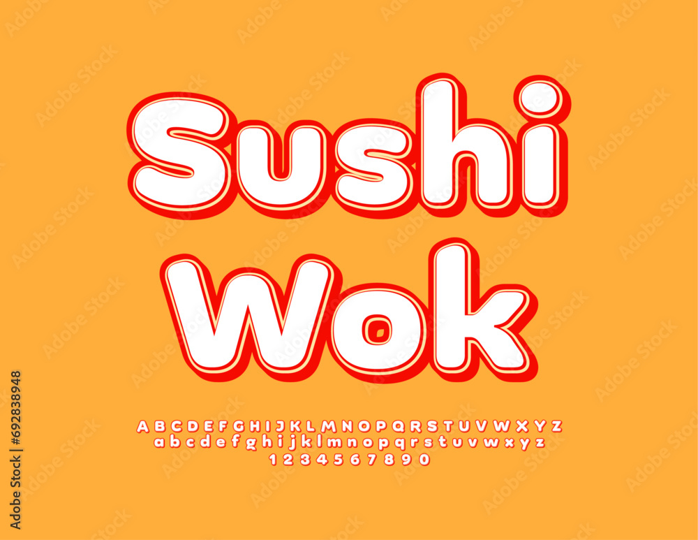 Vector tasty advertisement Sushi Wok. Modern bright Font. Artistic Alphabet Letters and Numbers