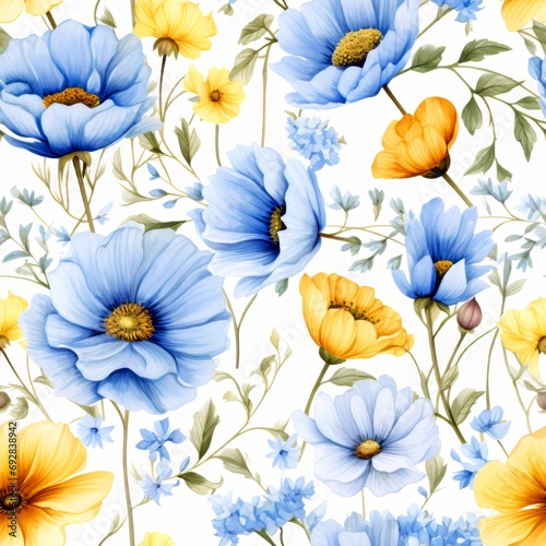 Wallpaper Mural Seamless pattern with blue and yellow flowers on white background.
 Torontodigital.ca