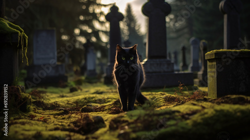 A black cat walking through a cemetery with moss grown