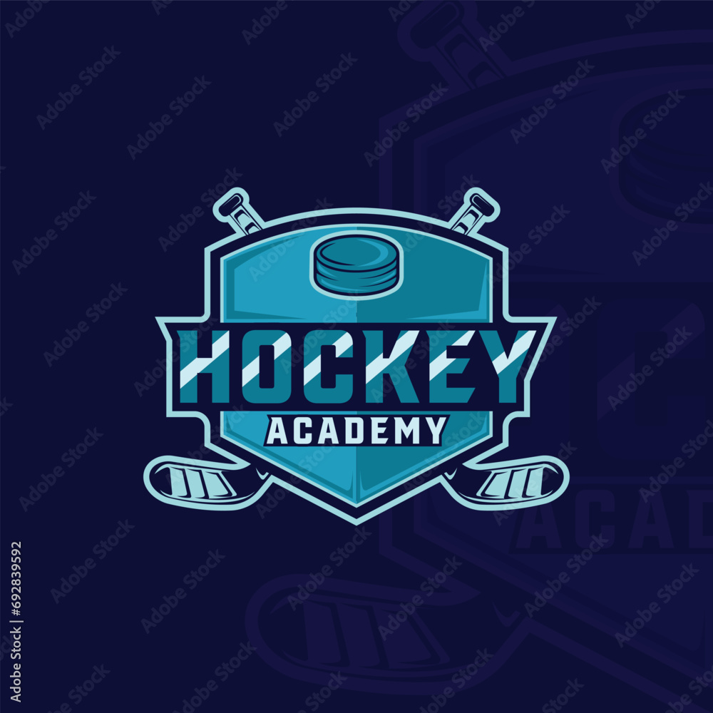 Obraz premium ice hockey emblem logo vector illustration template icon graphic design. puck and hockey stick sign or symbol with badge shield for club or team sport