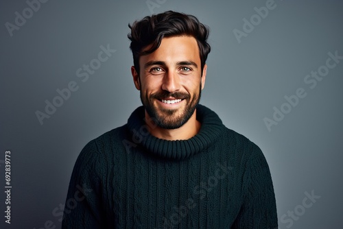 person Lucky face smile cool happy background white standing sweater casual wearing beard man handsome Young photogenic hispanic adult portrait isolated attractive male fashion attire winter studio photo