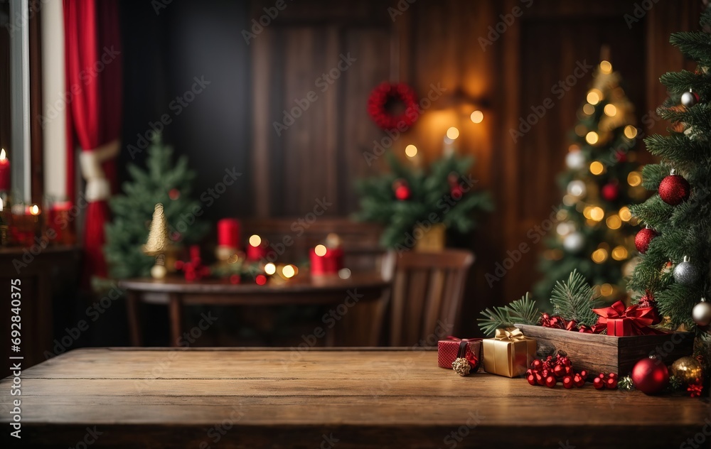 Empty wooden table with christmas tree and gifts