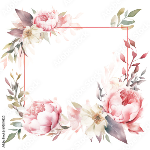 Watercolor floral illustration. Pink flowers and eucalyptus greenery border. Dusty roses, soft light blush peony frame (AI Generator)