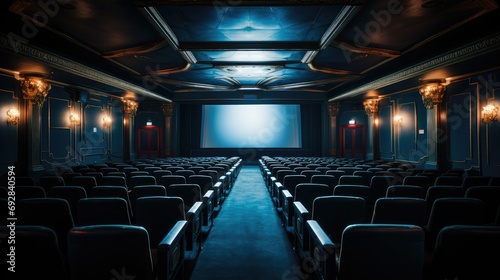 An empty cinema hall, Highlighting the contrast between the blue seating and the white screen. Generative AI.