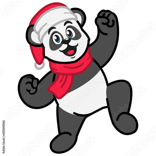 Panda in a red scarf and a santa hat celebrating christmas