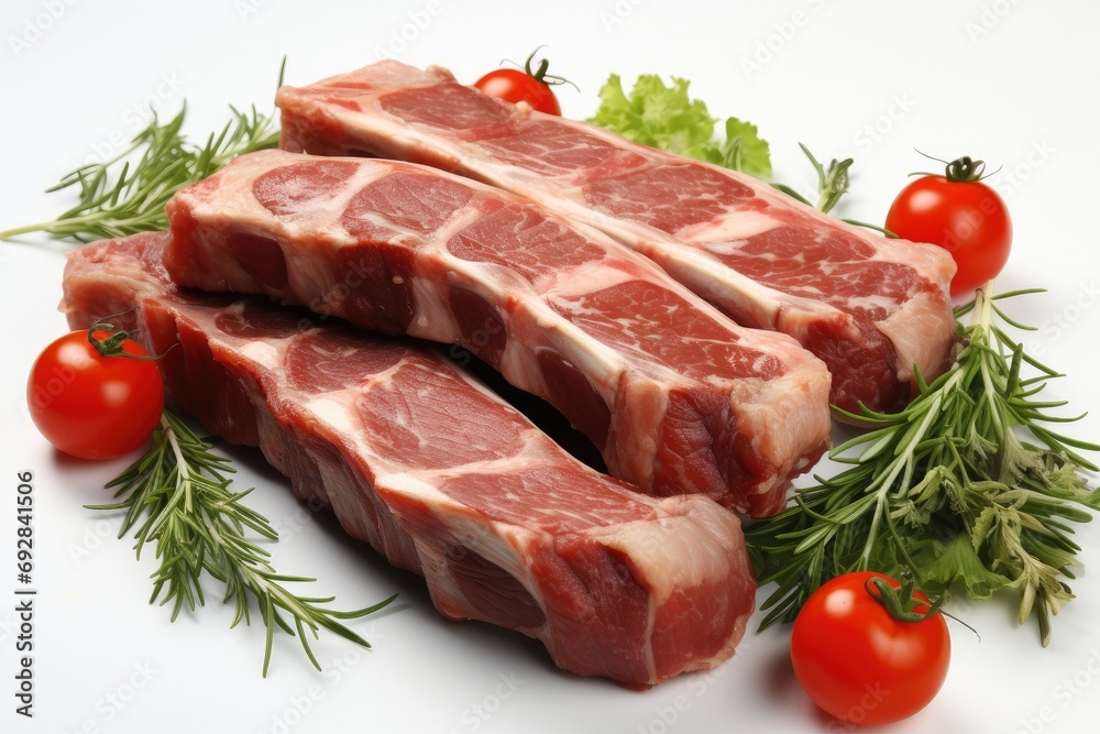 Fresh lamb ribs with spices and vegetables isolated on white background. Generative AI. Fresh lamb ribs with spices and vegetables isolated on white background. Generative AI.