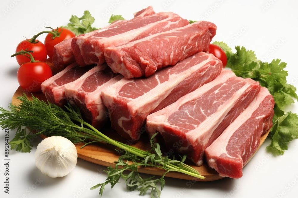 Fresh lamb ribs with spices and vegetables isolated on white background. Generative AI. Fresh lamb ribs with spices and vegetables isolated on white background. Generative AI.